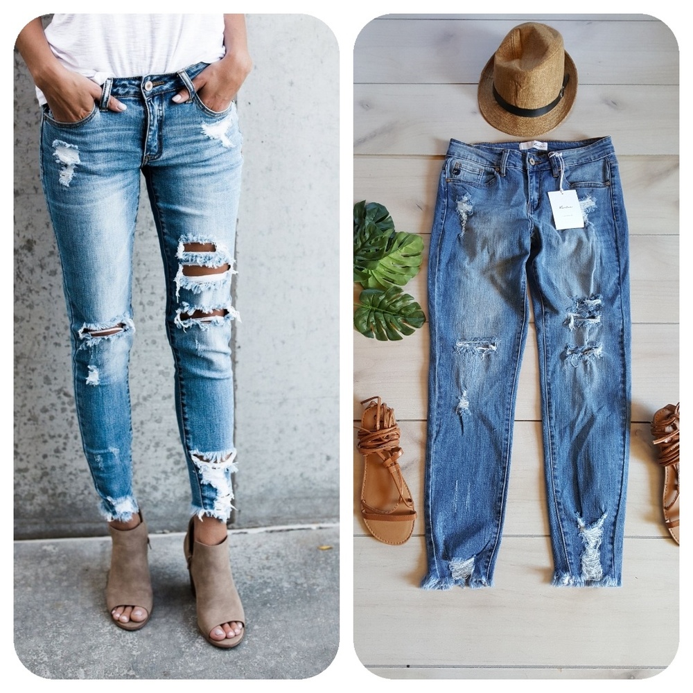 Distress Kan Can skinny ankle jeans